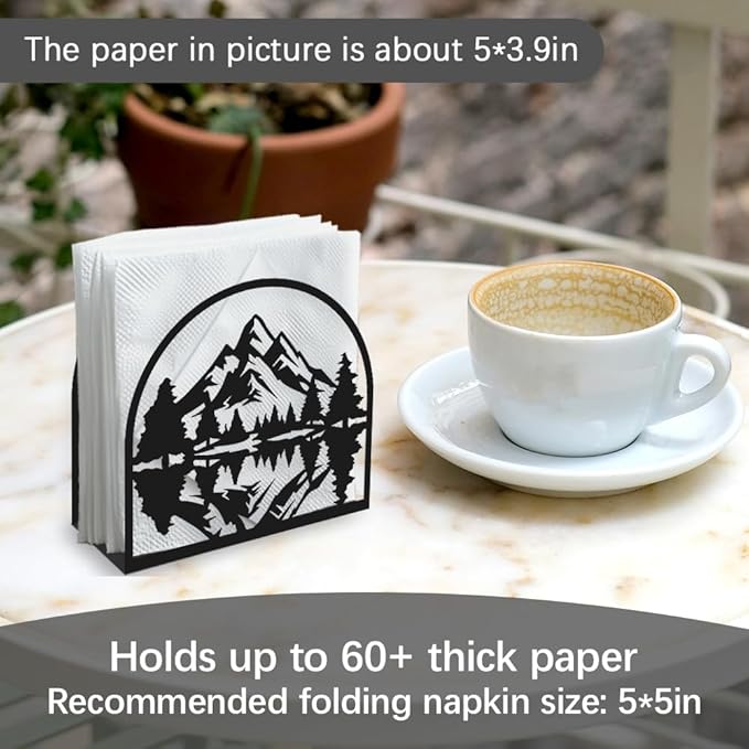 Mountain Forest Decorative Black Metal Napkin Holder for Table, 5.3" x 4.9" x 1.9" Mountain Tree Standing Napkin Holder for Home Kitchen Restaurant Picnic Party Coffee Bar Dining Room