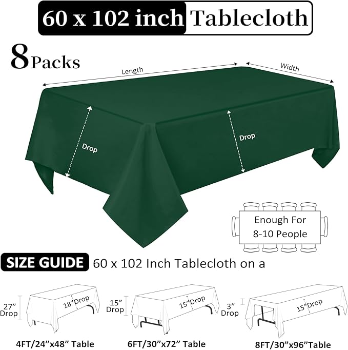 8 Pack Dark Green Tablecloth 60 x 102 Inch Rectangular Table Cloth for 6 Foot Rectangle Tables, Hunter Green Wrinkle Resistant Washable Polyester Fabric for Buffet Wedding Party Banquet
