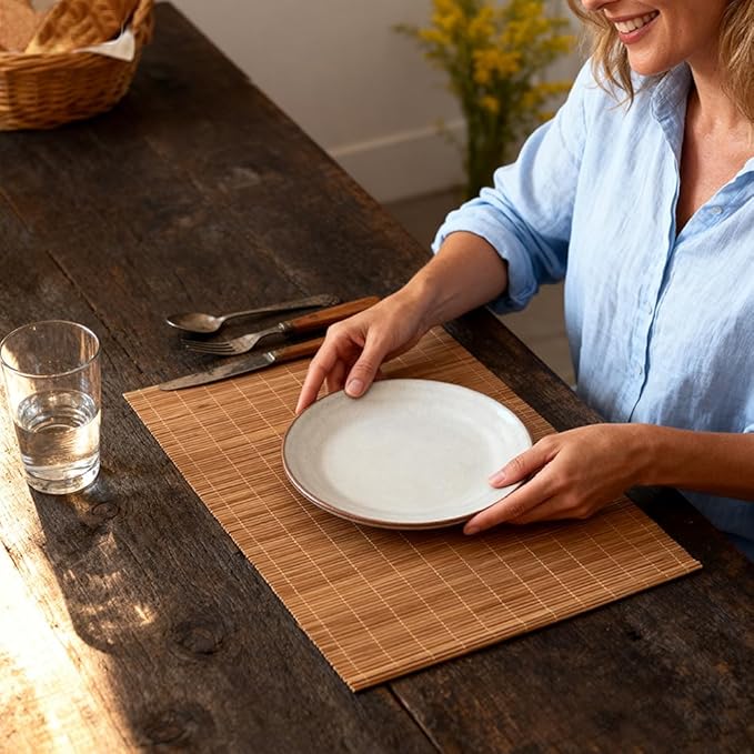 4-Pack Bamboo Placemats,Woven Heat-Resistant Rectangular Table Mats,Natural Dining Place Mats,Rustic Japanese Style Wood Mats for Indoor Dining,Kitchen and Party Use, Coffee
