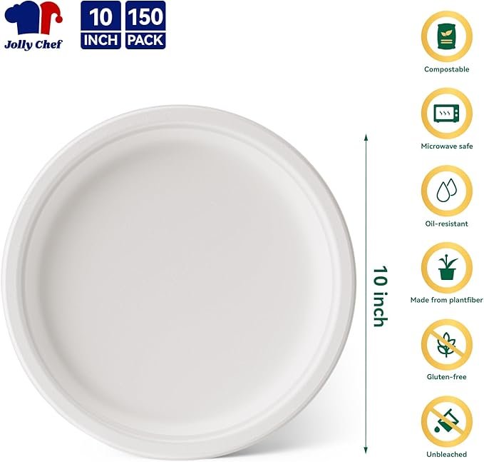 JOLLY CHEF Compostable Heavy Duty Plates 𝟭𝟬 𝗜𝗻𝗰𝗵 [𝟭𝟱𝟬 𝗣𝗮𝗰𝗸] Eco-Friendly Disposable Uncoated Paper Plates Bagasse Biodegradable Bulk for Party Dinner Hot Cold Food Christmas (White)
