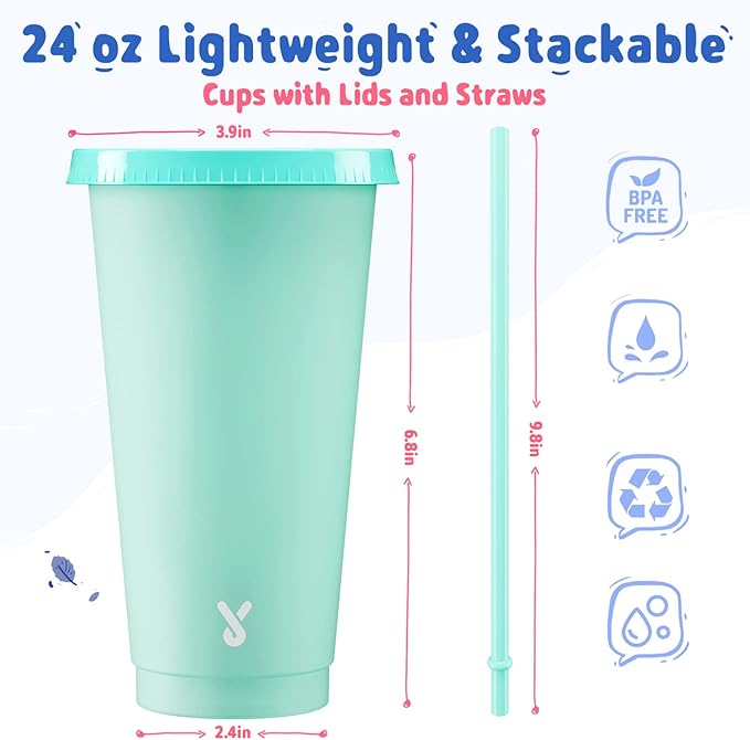 Meoky Plastic Cups with Lids and Straws Bulk - 6 Pack 24 oz Color Changing Reusable Cups with Lids and Straws for Adults Kid Women Party, Cute Cold Tumblers for Iced Coffee