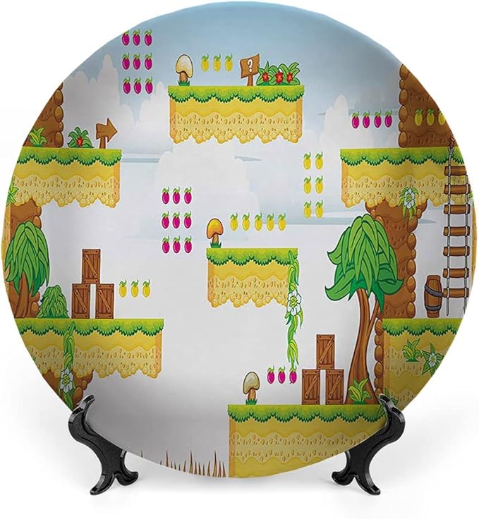 Ceramic Display Plate, Video Games Ceramic Hanging Decorative Plate, Cartoon Retro Computer Graphic Kids Western, 10 Inch, Household Custom Ceramic Plate, Multicolor