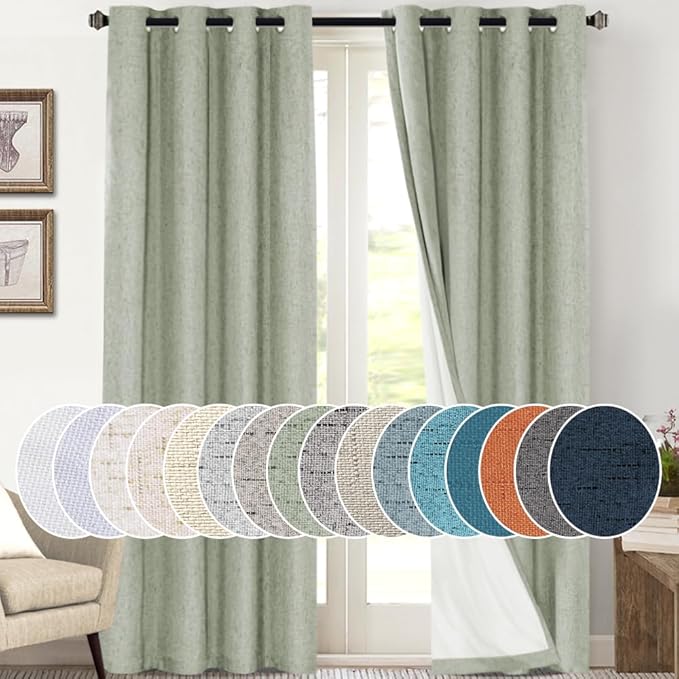 PrinceDeco Blackout Curtains 108 Inches Long 2 Panels 100% Blackout Linen Textured Curtains for Bedroom Extra Long Drapes for Living Room Thermal Insulated with White Liner，52 x 108 Inch,Sage