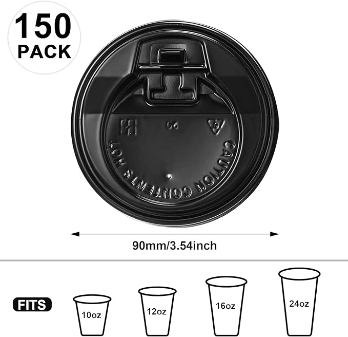 SIUQ 150 Pack Coffee Cup lids, Disposable Plastic Cup Lids for 10, 12, 16, 20, 24 oz Paper Cups, Hot/Cold Drinking Cup Lids, 3.54 Inches/90 mm Diameter - Black