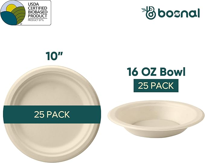 BOSNAL 10 Inch Round Plates with 16 oz Bowls – 25 Plates, 25 Bowls,100% Plant-Based Sugarcane Bagasse, Eco-Friendly Disposable Dinnerware for Hot & Cold Meals, Microwave Safe