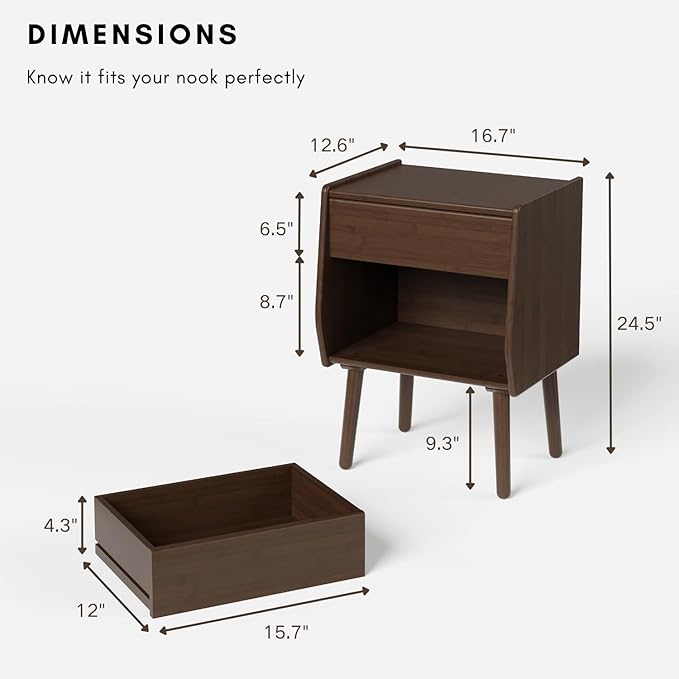 ZIYOO Nightstand with Drawer Open Shelf, Mid Century Modern Bedside Table, Small End Table for Living Room&Small Spaces, Bedroom, Walnut