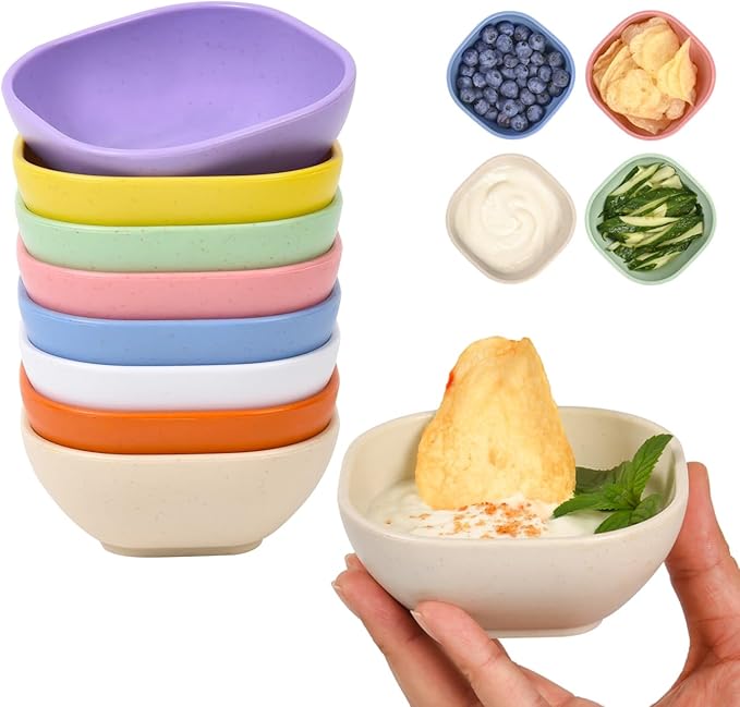 8 Pack Small Bowls, 4.5 OZ Assorted Colors Dipping Sauce Cups, Ice Cream Bowls, Wheat Straw, Unbreakable, Plastic Prep for Side Dishes, Dessert, Snacks
