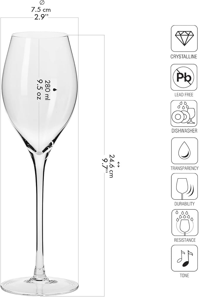 Krosno Large Prosecco Champagne Sparkling Wine Flutes, Set of 6, 9.4 fl oz, Rounded Shape for Ideal Bubbles, Dishwasher Safe, Made in Europe