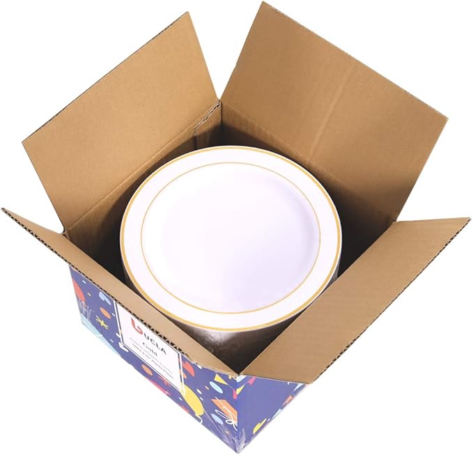 bUCLA 100Pieces Gold Plastic Plates - 6.25inch White with Gold Rim Disposable Salad/Dessert/Appetizer/Small Cake Plates Premium Hard - Ideal for Wedding, Party