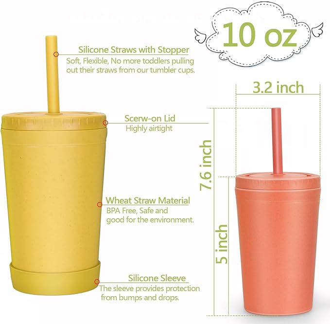 Homestockplus Wheat Straw Cups with Lids and Silicone Straws, 10 Oz Chip Resistant Dishwasher/Microwave Safe, Toddler Cups Built In Straw Stoppers, Smoothies Cup +Straw Cleaner
