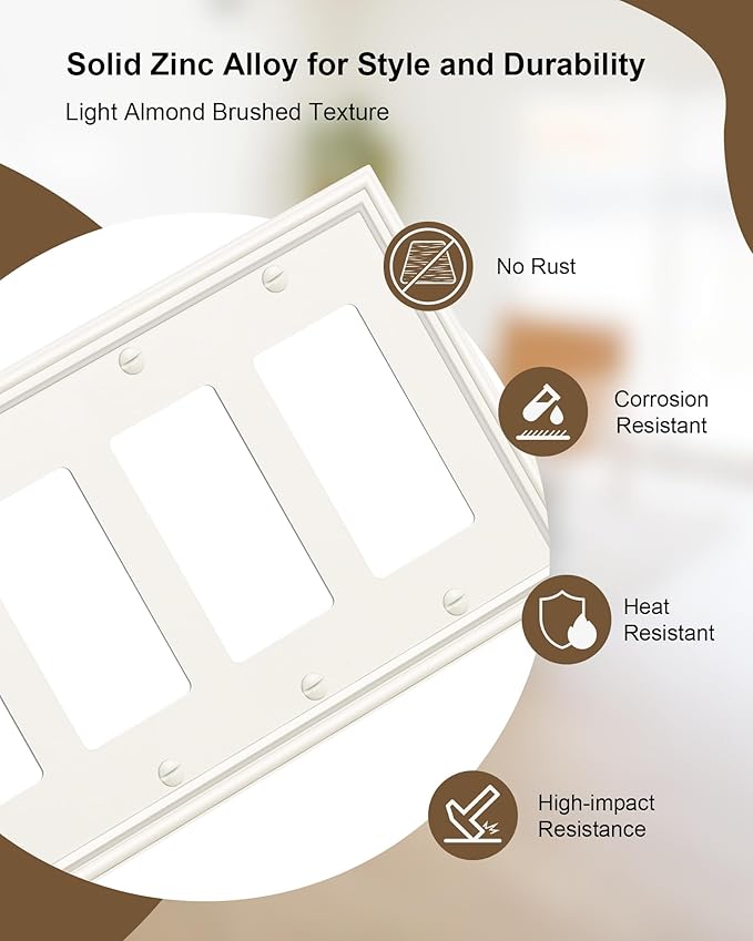 2-Pack Quad Decorator Outlet Cover Plate, Zinc Alloy Decorative Light Almond 4 Gang Switch Plates for Electrical Outlets, Receptacle, GFCI Outlet, Dimmer Switch