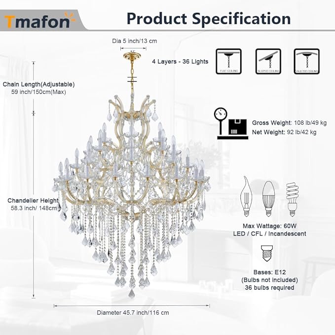 Large Gold Chandelier Light Fixtures - 36 Lights, 4 Layers Modern Crystal Chandeliers for Hotel, Lobby, Foyer, Entrance Hall, Staircase
