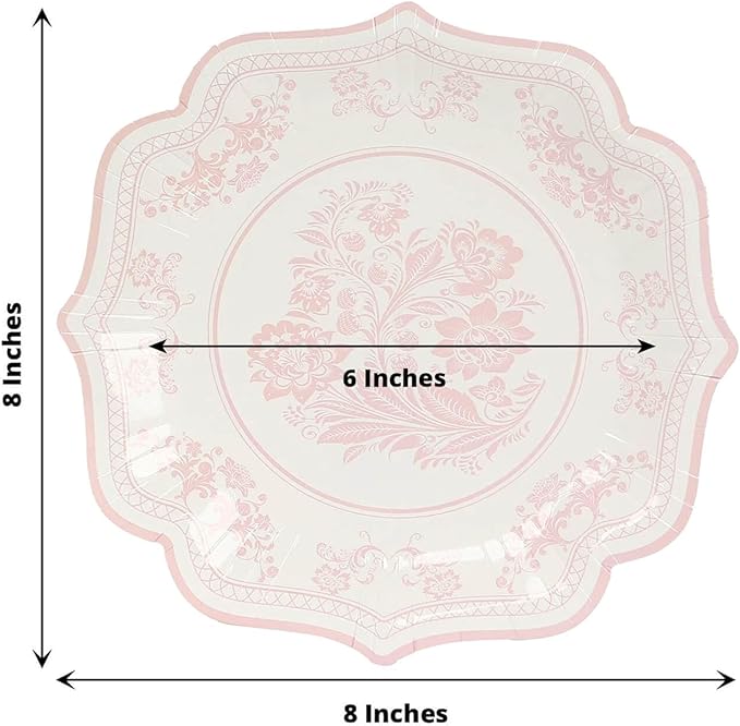 50 Pack 8" White Pink French Toile Dessert Plates, Disposable Round Paper Floral Pattern Appetizer Salad Plates 300 GSM for Party Decoration