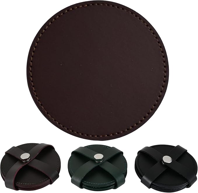 Genuine Leather, Premium Table Coasters by Leatherific, Round, 4 inch, Set of 6, with Holster, Handcrafted, Hand Made, Non Slip Drink Mats, Brown (Brunette Brown, 4")