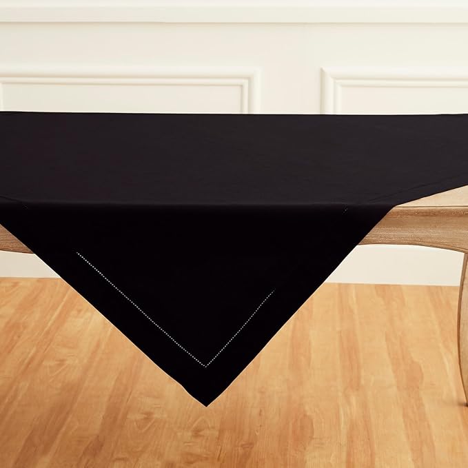 Solino Home Black Linen Tablecloth 52 x 52 Inch - 100% Pure Linen Square Table Throw - Classic Hemstitch, Machine Washable Table Cloth for Winter, Spring, Easter