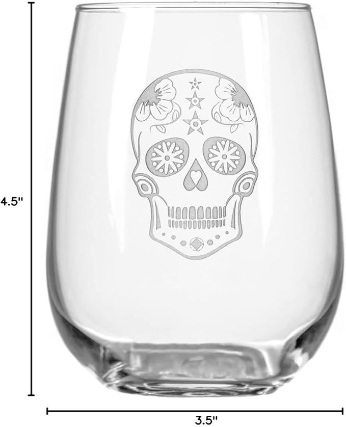 Rolf Glass Sugar Skull Stemless Wine Tumbler 17 ounce - Stemless Wine Glasses - Lead-Free Glass - Etched Tumbler Glasses - Proudly Made in the USA (Set of 2)