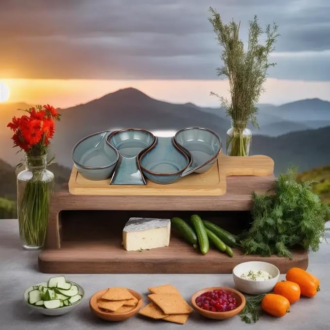 5-pc Porcelain Mini dip bowls for parties, Condiment serving tray, Mini Serving dishes for Olives, Nuts, Toppings; Ideal gift set for any occasion