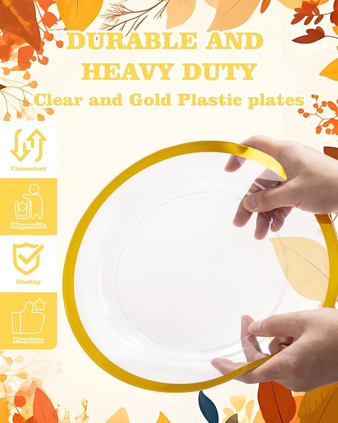YOUBET 210PCS Gold Plastic Plates - Heavy Duty Clear Gold Disposable Plates Includes 30 Dinner Plate, 30 Dessert Plate, 30 Gold Cups, 30 Napkins for Party & Wedding