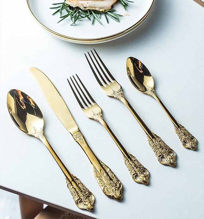 Gold Silverware Set for 10 Premium 18/10 Stainless Steel Flatware Set Palace Style 50 Piece Cutlery Tableware Utensils Embossed Decorative Handle Knives Forks and Spoons for Home Christmas Wedding