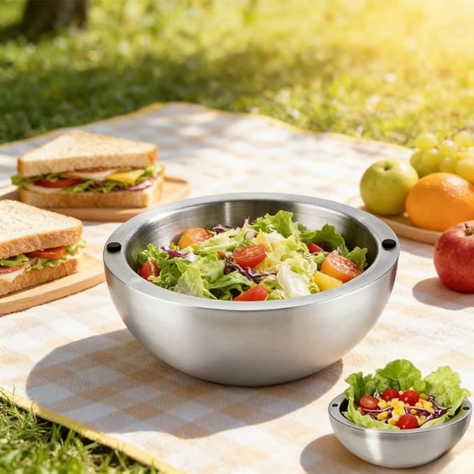 304 Stainless Steel Insulated Salad & Dipping Bowl, Two Hot/Cold Water Inlets to Keep Food Hot or Cold Suitable for Picnics, Salad Making and Dipping (70 oz)