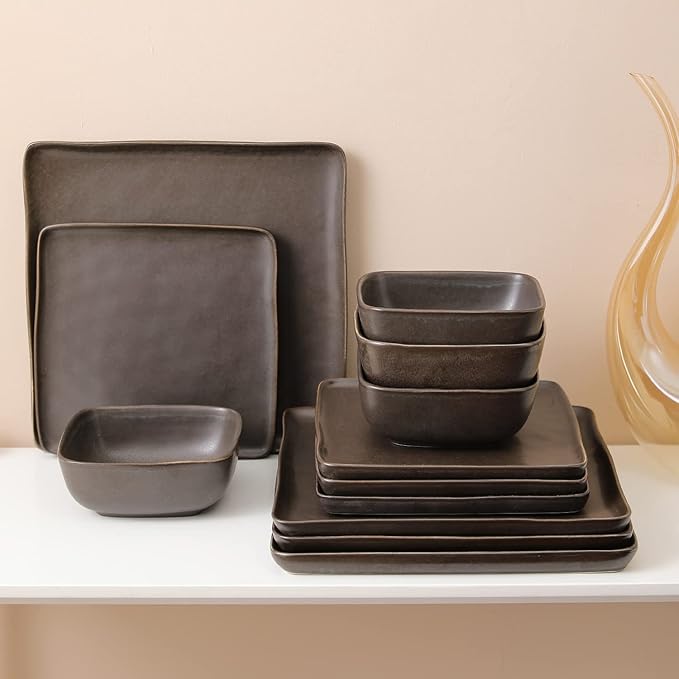 Stone lain Grace Square Stoneware Dinnerware Set, 24 Piece Service For 8, Brown