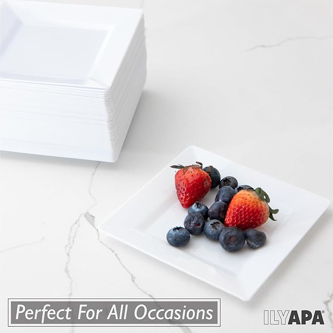 Ilyapa 50 White Square Disposable Plates - 4.5" Inch, Plastic Disposable Mini Square White Plates, for Appetizers, Dessert, & Tasting