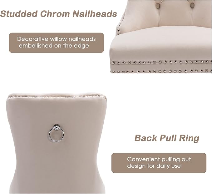 KCC Velvet Dining Chairs Set of 2, Upholstered High-end Tufted Dining Room Chair with Nailhead Back Ring Pull Trim Solid Wood Legs, Nikki Collection Modern Style for Kitchen, Beige