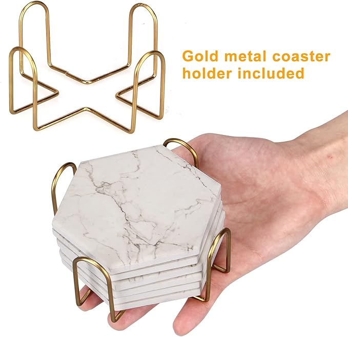 6 Pack Cute Marble Absorbent Stone Coaster Set with Holder Cool Cork Coster Modern White Ceramic Coasters Bar Desk Cup Drink Coasters Funny Coffee Table Decor Kitchen Unique Coster posavasos