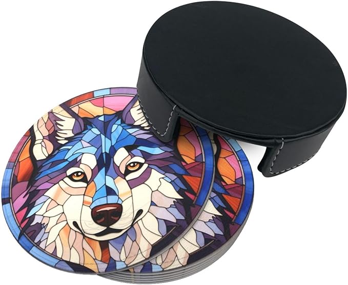 Drink Coaster Set of 6, Siberian Husky Dog Mom Lover Gift,Leather Drink Coasters with Holder,6 Pack Cup/Bar/Drink Coasters for Table/Drinks/Coffee Protection Housewarming Gift