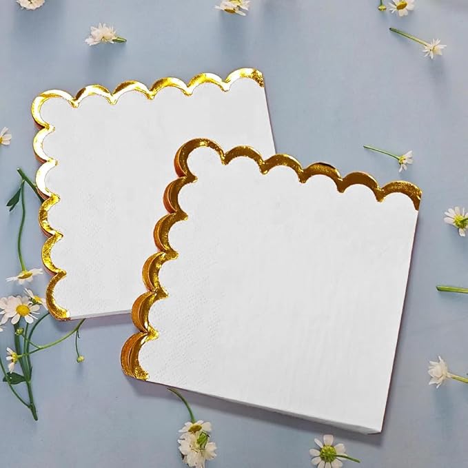 100 pack White Cocktail Napkins with Gold Foil Accents Scalloped Edges 5 x 5 inch Beverage Disposable Napkin Party Decoration Wedding Bridal and Baby Shower Dinner Lunch Supplies