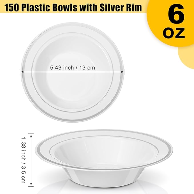 Jinei 150 Pieces 6 oz Plastic Bowls with Rim Small Disposable Soup Bowls for Dessert Salad Soup Candy Wedding Thanksgiving Catering Holidays Party Supplies (White,Silver Rim)