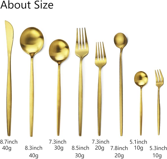JASHII 32-Piece Tableware Set Stainless Steel Flatware Set with Coffee Spoon Long Handle Spoon Premium Cutlery Service for 4 Satin Finish Utensils for Home (Gold)