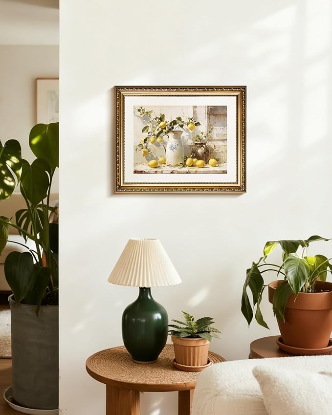 InSimSea Gold Framed Wall Art, Yellow Lemon Vintage Kitchen Wall Shelf Decor, Still Life Canvas Print Art, Dining Room Home Farmhouse Decor, Antique Paintings with Picture Frame 13x16inch