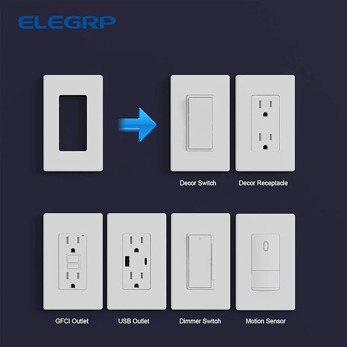 ELEGRP Matte White 1-Gang Screwless Decorative Wall Plates, Standard Size Unbreakable Thermoplastic Faceplate Cover for Decorator Receptacle Outlet Switch, UL Listed (20 Pack)
