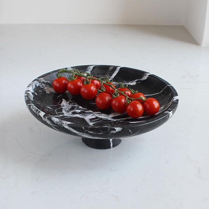 Natural Black Marble Fruit Bowl for Kitchen Counter 10.2", Large Decorative Bowl Pedestal for Home Decor, Fruits Holder For Dining Table - Kitchen Organization