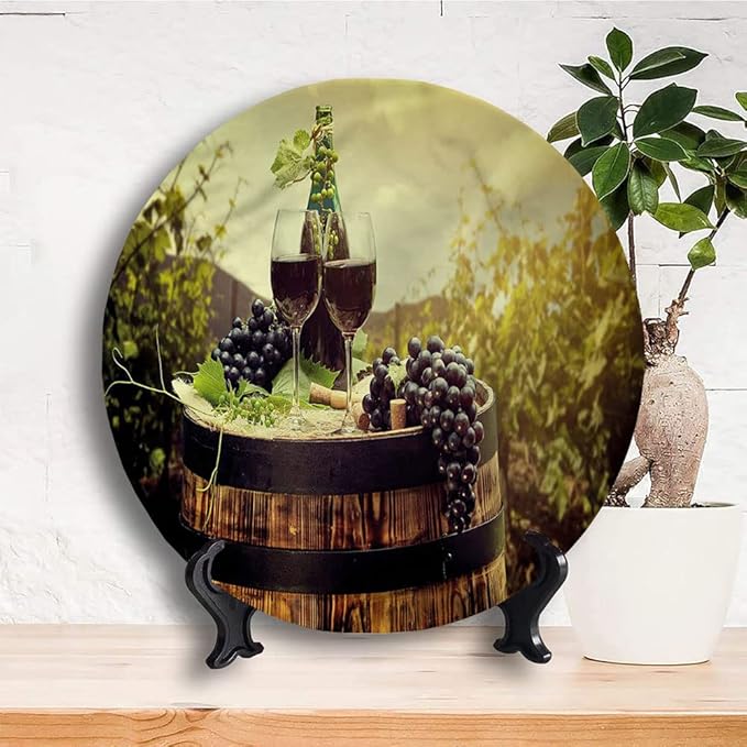 Decorative Plates, Wine Print Ornament, Scenic Tuscany Vineyard, 8 Inch, 1 Plate with 1 Display Stand, Green Black Brown