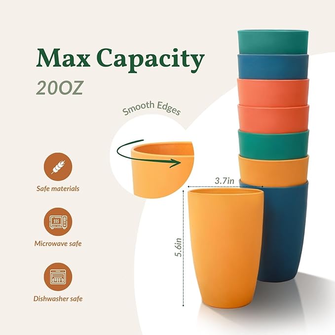 Homienly Wheat Straw Cups 8 PCS Plastic Cups Unbreakable Drinking Cup Reusable Dishwasher Safe Water Glasses with 4 Colors (20 OZ)