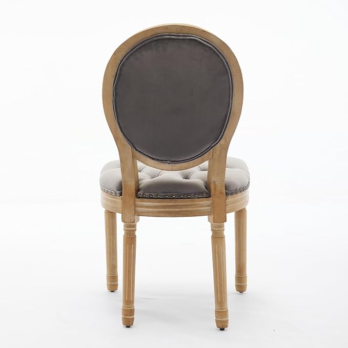 Ball & Cast French Vintage Upholstered Dining Chairs Set of 2, Button Tufted Kitchen Side-Chairs with Carved Antique Wood Frame & Nailhead Trims, 2-Piece Curved Backrest Louis Chair, Velvet Gray