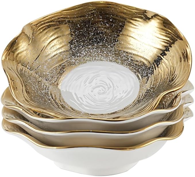 Salad Bowls of 4-8.5 Inch pasta bowl set，Decorative Ceramic Serving Bowl for Kitchen Counter, Versatile Dinnerware for Restaurant Plating & Home Dining(White with Golden)