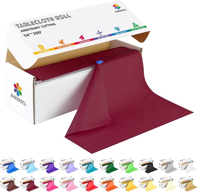 54 Inch X 200 Feet Plastic Table Cover Roll with Convenient Slide Cutter, Disposable Plastic Table Cloth Roll with Cut-to-Size Design for Weddings, Banquets, Parties (Burgundy)