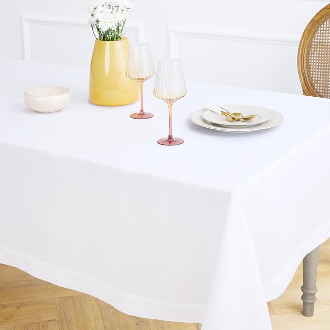 Solino Home Linen White Tablecloth 60 x 102 Inch - 100% Pure Linen Rectangular Tablecloth - Machine Washable Table Cloth for Winter, Valentines, Spring, Easter - Fete