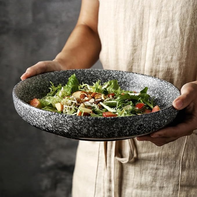 Black Speckled Stoneware Plate, Round Textured Finish