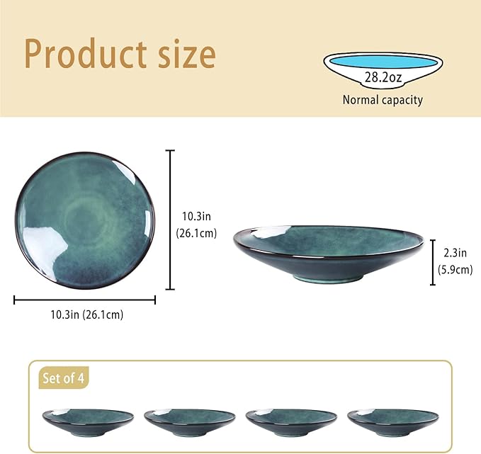 Ceramic Pasta Bowls, 28.2-ounce Pasta Dishes, Reactive Glaze Pasta Bowls, Set of 4, Large, Wide-Mouth Bowls for Salads, Desserts, and Fruit, Microwave-, Dishwasher-, and Oven-Safe.