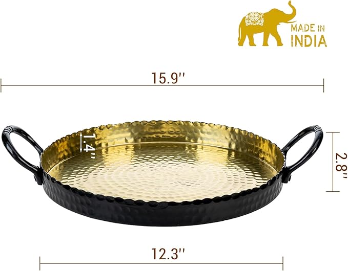 MyGift 12-Inch Black and Gold Metal Round Display Tray – Handcrafted Hammered Design Serving Platter or Tabletop Centerpiece, Handmade in India