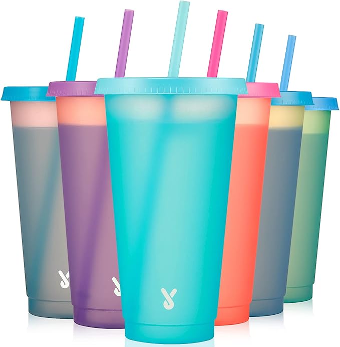 Meoky Plastic Cups with Lids and Straws Bulk - 6 Pack 24 oz Color Changing Reusable Cups with Lids and Straws for Adults Kid Women Party, Cute Cold Tumblers for Iced Coffee