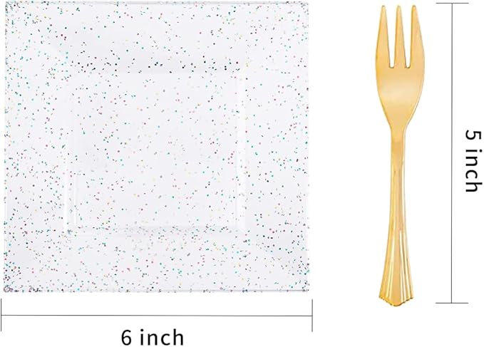 supernal 200pcs Square Plastic Dessert Plates-100pcs Gold Dessert Forks,100pcs 6inch ClearDessert Plates,cocktail plates, Clear Appetizer Plates for Pary Birthday Afternoon tea