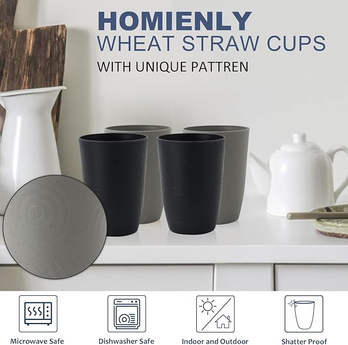 Homienly Drinking Glasses 16oz Wheat Straw Cups-Stackable and Reusable Cups, Alternative to Plastic Cups for Iced Coffee, Smoothies,Iced Tea-Black Grey