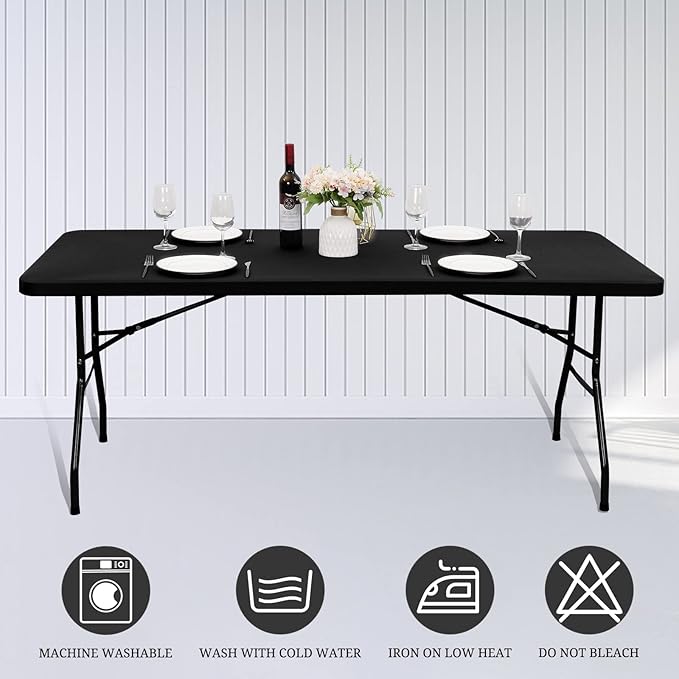 6 Pack Black Elastic Rectangle Table Top Cap Cover, Fits 4' Tables, 30" W x 48" L