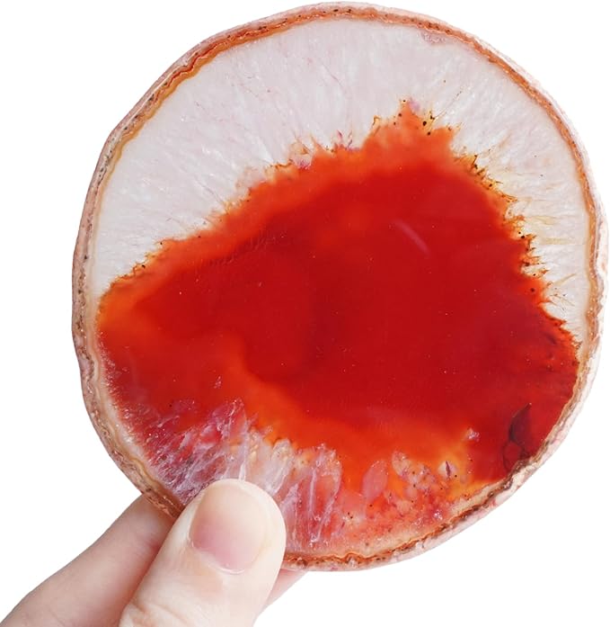 Orange Red Agate Coasters Set of 4 with Rubber Bumpers - Fiery 3-4 Inch Dyed Geode Stone Drink Coasters for Home Bar, Table Decor, Gift