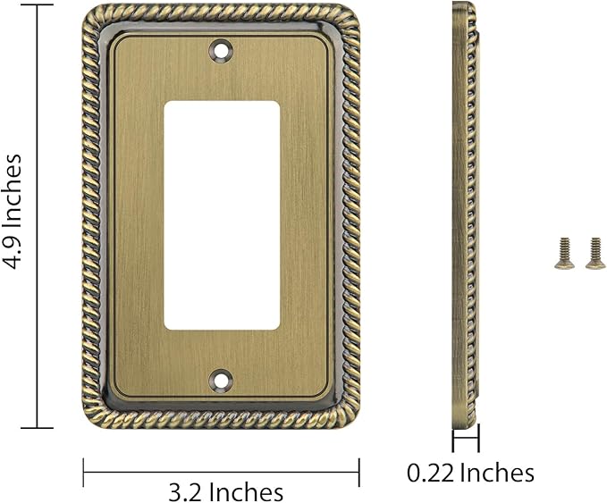 Henne Bery Rope Edge Decorative Wall Plate Switch Plate Outlet Cover (Single Decorator, 2 Pack, Antique Brass)